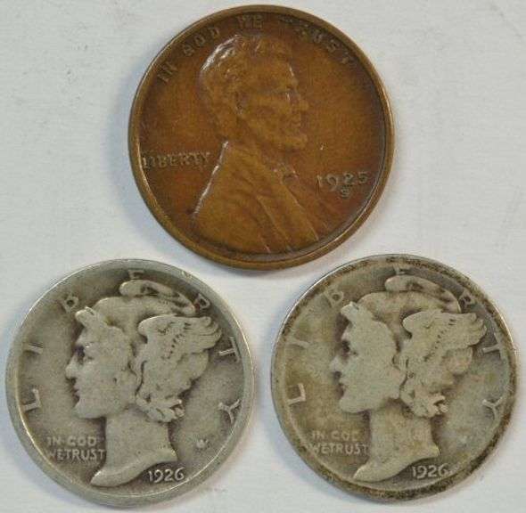 Nice AU 1925-S Lincoln Cent & 1926-D & 26-S Mercury Dimes