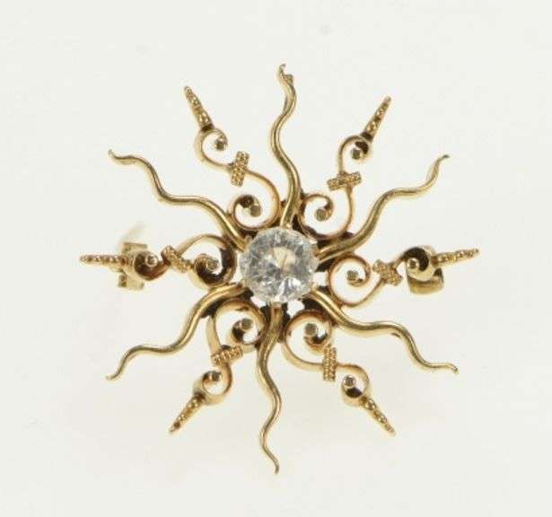 14K Yellow Gold Victorian Sun Swirl Flower CZ Statement Pin/Brooch