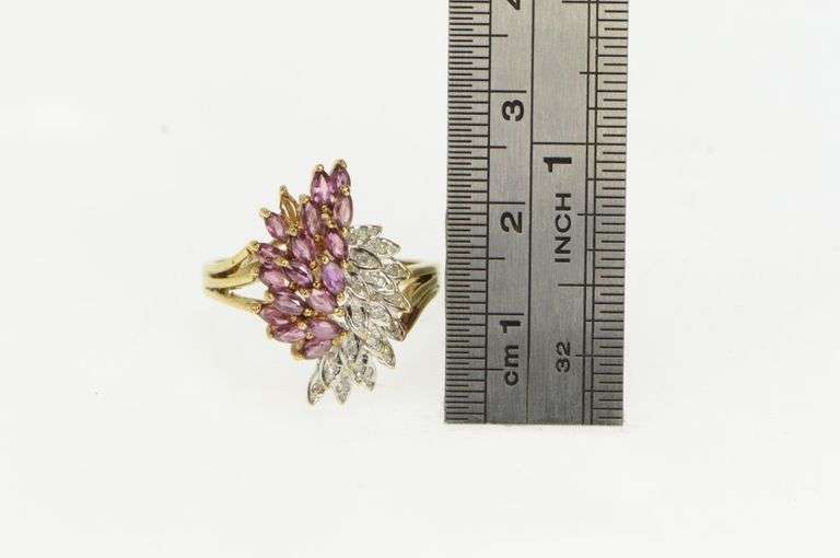 10K Yellow Gold Marquise Ruby Diamond Freeform Cluster Ring