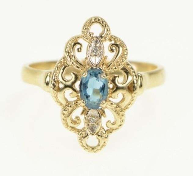 10K Yellow Gold Oval Blue Topaz Diamond Accent Cocktail Ring