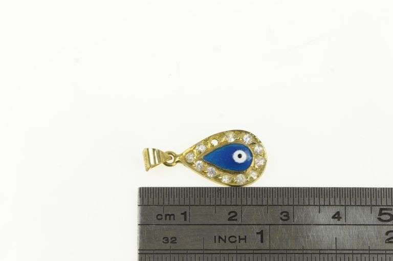 14K Yellow Gold Enamel Tear Drop Nazar Evil Eye CZ Pendant