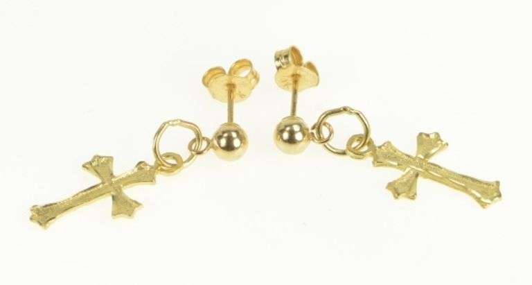 14K Yellow Gold Diamond Cut Cross Faith Symbol Earrings