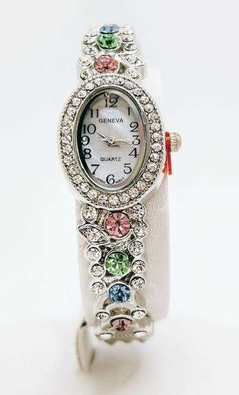 Ladies Geneva & Gemstone Watch, 18kt White GP Cuff