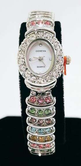 Ladies Geneva & Gemstone Watch, 18kt White Gold Plated