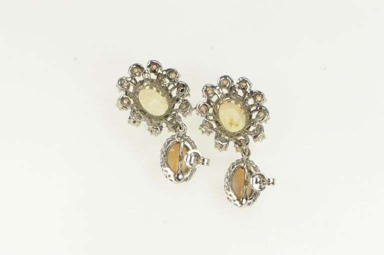 14K White Gold Ornate Classic Oval Natural Opal Halo Dangle Earrings