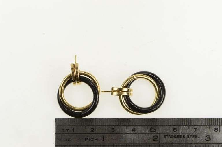 14K Yellow Gold Retro Black Onyx Door Knocker Ring Dangle Earrings