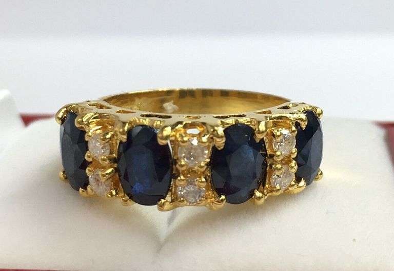 14KT SOLID YELLOW GOLD, BLUE SAPPHIRE, & DIAMOND BAND RING