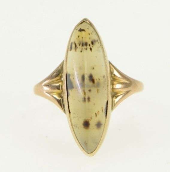 10K Yellow Gold Dendritic Agate Rigid Navette Vintage Ring