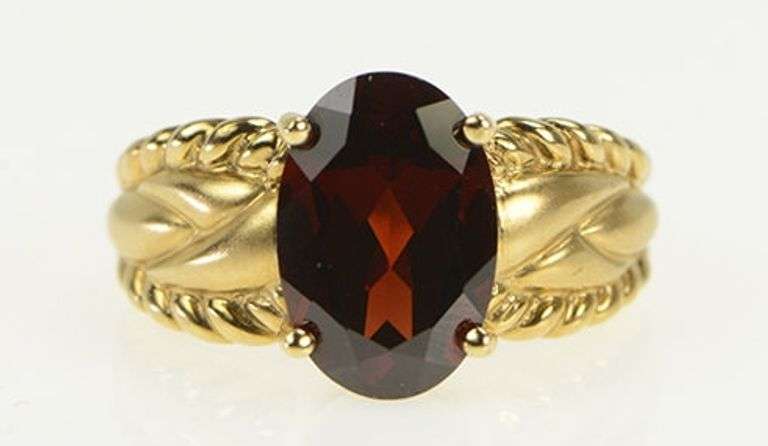 10K Yellow Gold Ornate Oval Garnet Woven Braid Statement Ring
