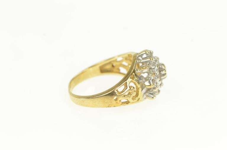 14K Yellow Gold Round Diamond Cluster Vintage Statement Ring