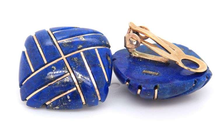 2 Pairs of Yellow Gold Lapis Earrings