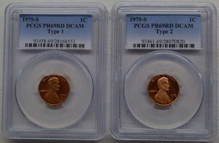 1979-S Type -1 & Type 2 Proof Lincoln Penny (1C) PCGS PR69RD DCAM- 2 Coin Set
