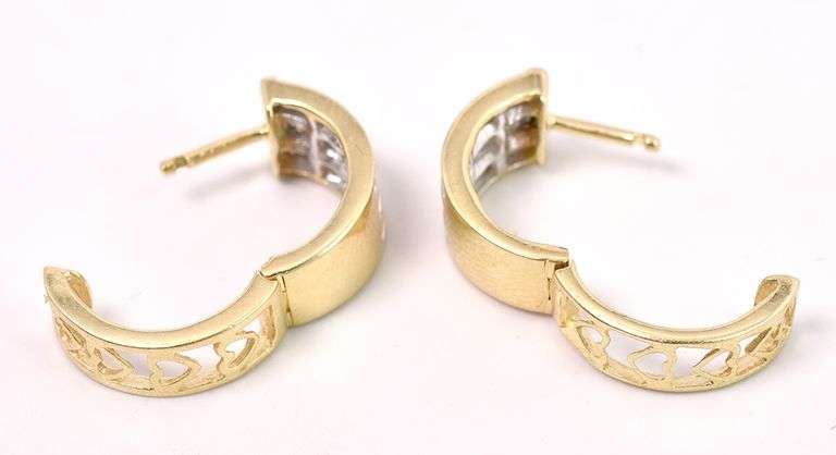 Delightful Heart And Diamond Hoop Earrings In 14K Yellow Gold