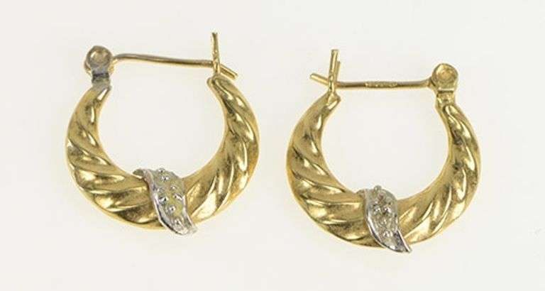 14K Yellow Gold Diamond Accent Vintage Puffy Twist Hoop Earrings