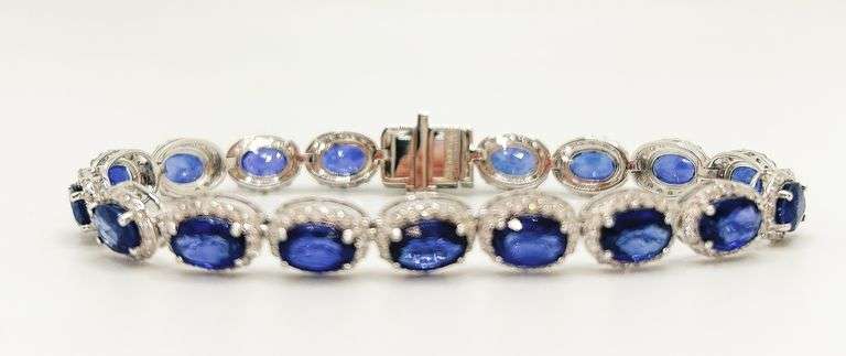 14KT SOLID WHITE GOLD, BLUE SAPPHIRE, & DIAMOND BRACELET