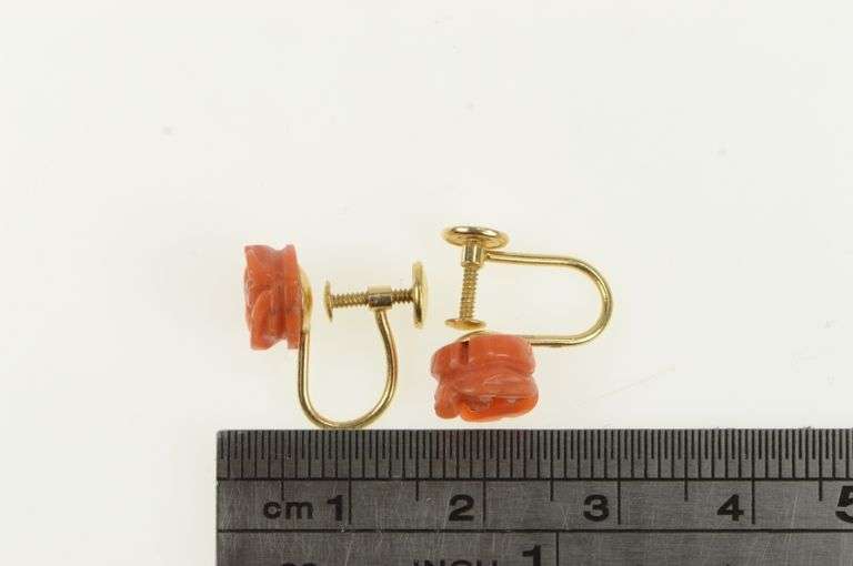 14K Yellow Gold Carved Coral Rose Flower Vintage Screw Back Earrings