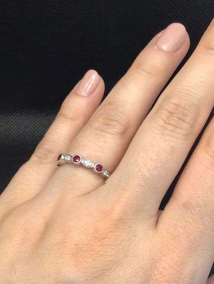 SPECTACULAR 14K WHITE GOLD RUBY AND DIAMOND HALF ETERNITY RING