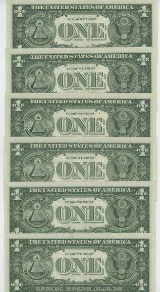 3 Gem CU 1957 & 3 1957-B (in sequence) $1 Silver Certificate STARS