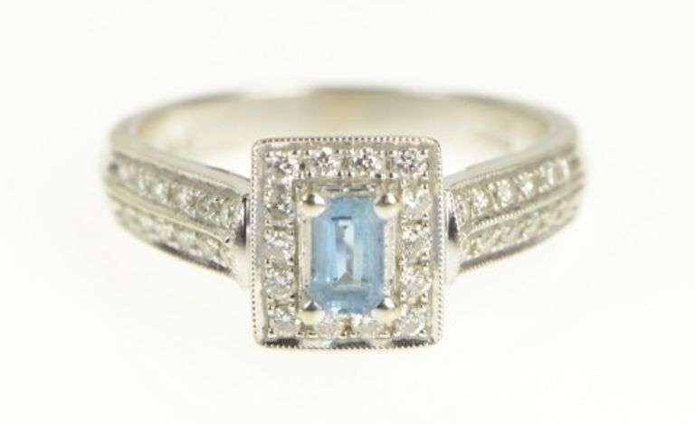 14K White Gold Emerald Cut Blue Topaz Diamond Halo Ring
