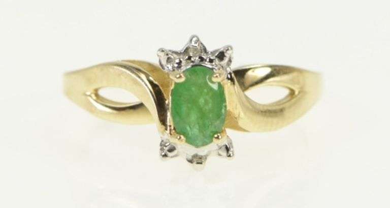 10K Yellow Gold Oval Emerald Diamond Accent Statement Ring