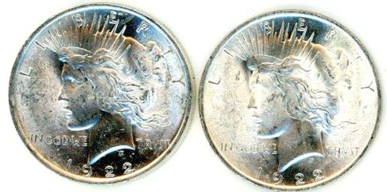 Two Peace Silver Dollars from 1922 in AU/Unc