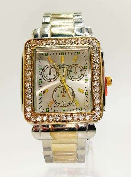 Fancy Square Face Geneva Cuff Watch with Gemstones!