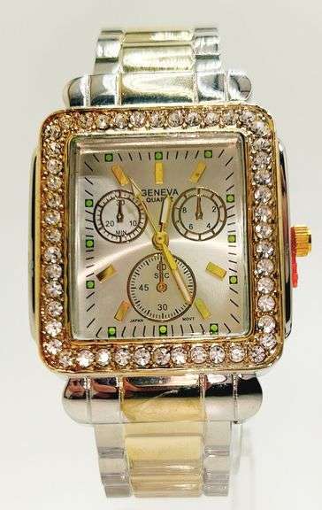 Fancy Square Face Geneva Cuff Watch with Gemstones!