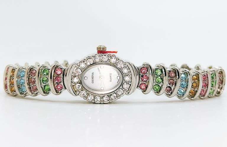Ladies Geneva & Gemstone Watch, 18kt White Gold Plated