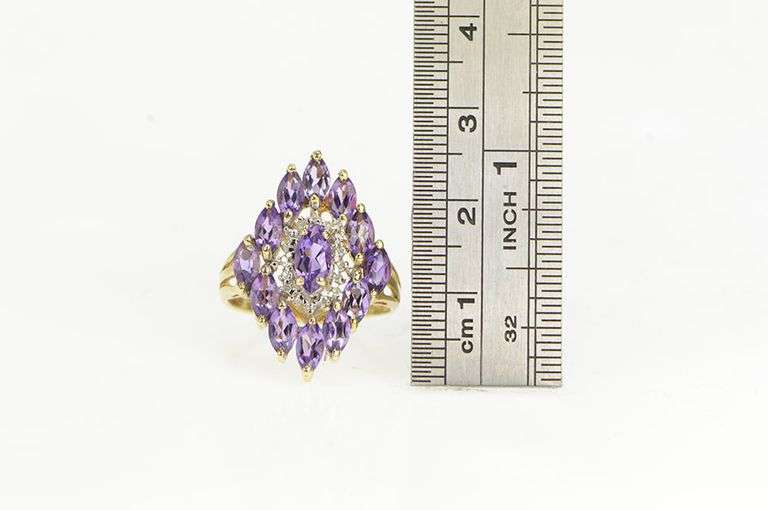 10K Yellow Gold Marquise Amethyst Diamond Cluster Statement Ring