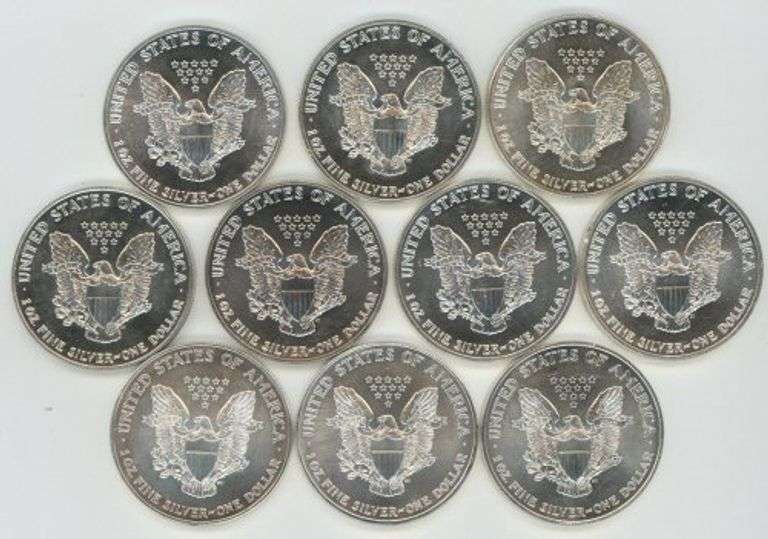 Superb Gem BU run of 10 Different $1 Silver Eagles 1986 to 1999