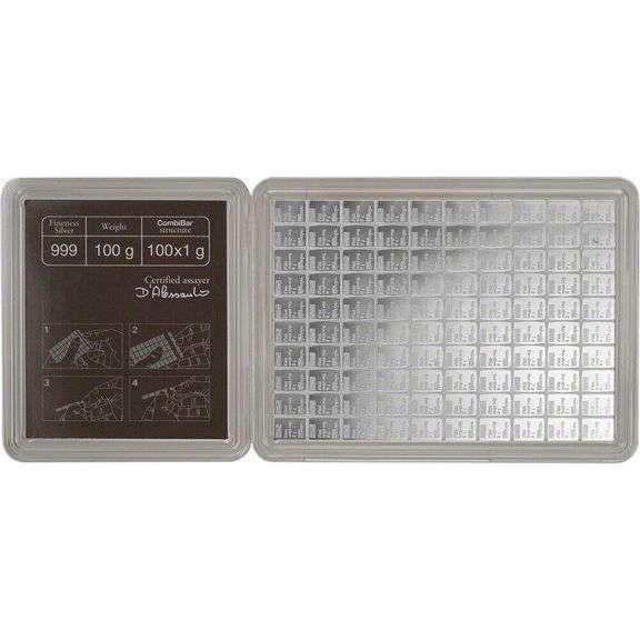 100 gram Silver Bar - Valcambi 100x1 Gram Silver CombiBar with Assay Card