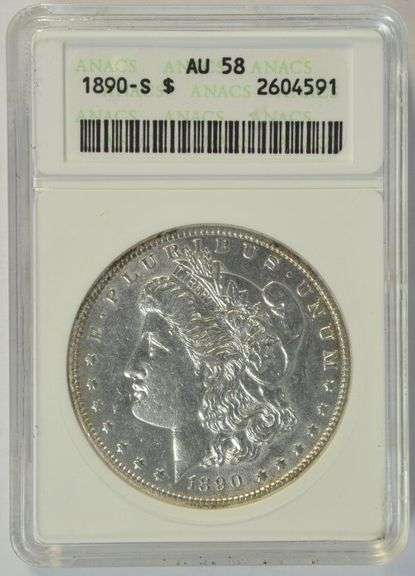 Nearly BU 1890-S Morgan Silver Dollar. ANACS AU58