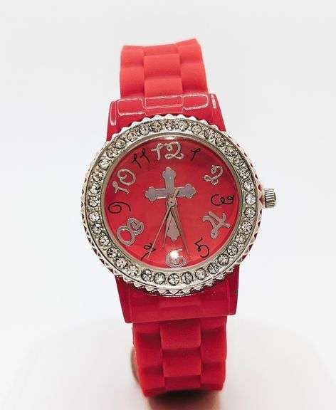 Fancy Pink Geneva Watch w/ Cross Graphic and Gemstones