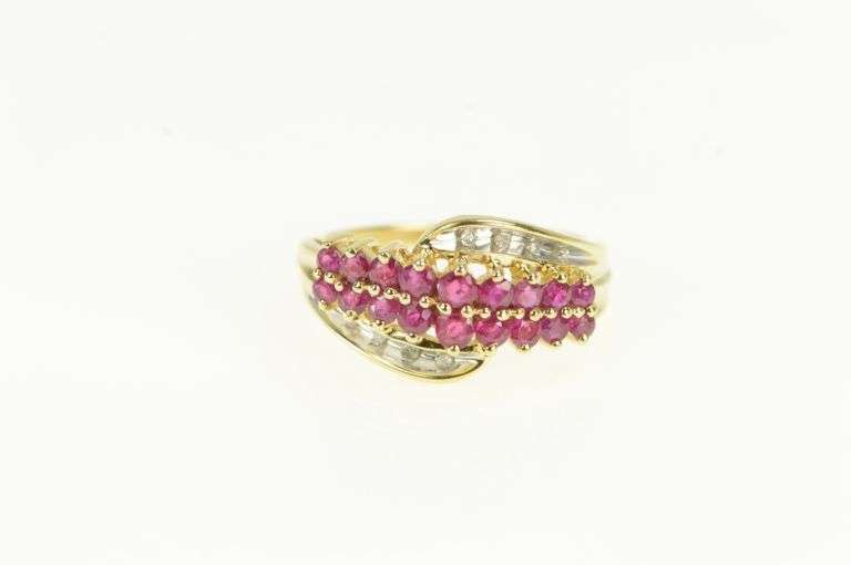 14K Yellow Gold Natural Ruby Diamond Band Statement Ring
