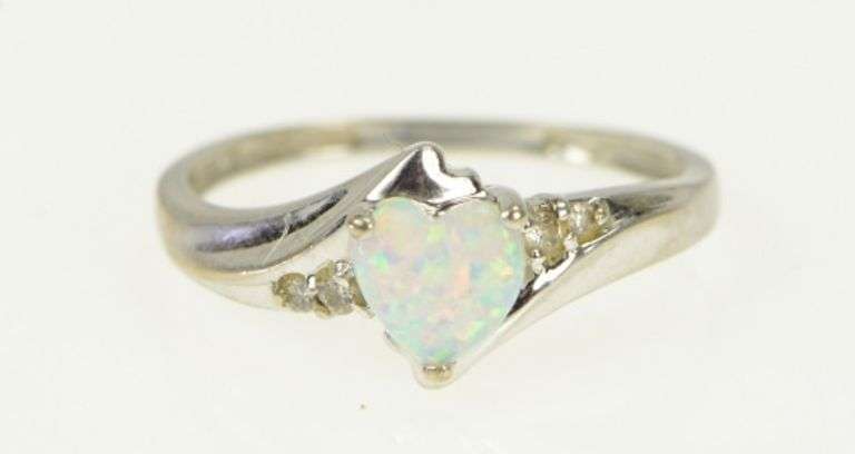 10K White Gold Heart Syn. Opal Diamond Accent Love Vintage Ring