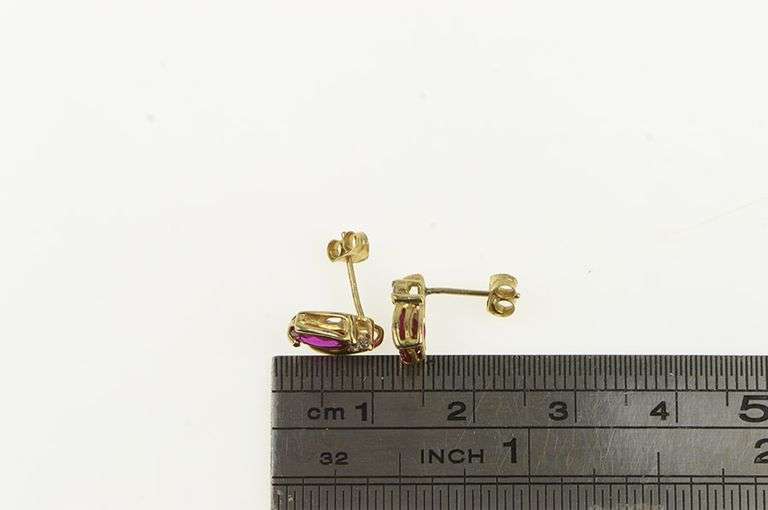 10K Yellow Gold Syn. Ruby Diamond Accent Stud Vintage Earrings