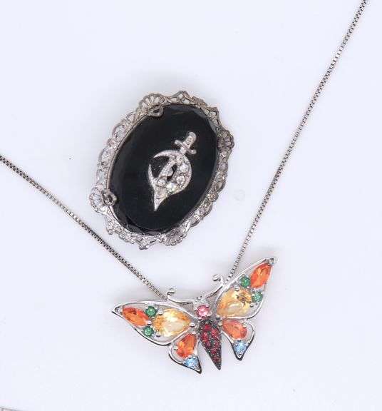 925 Sterling Silver Black Onyx Brooch and Swarovski Butterfly Pendant on Chain Necklace