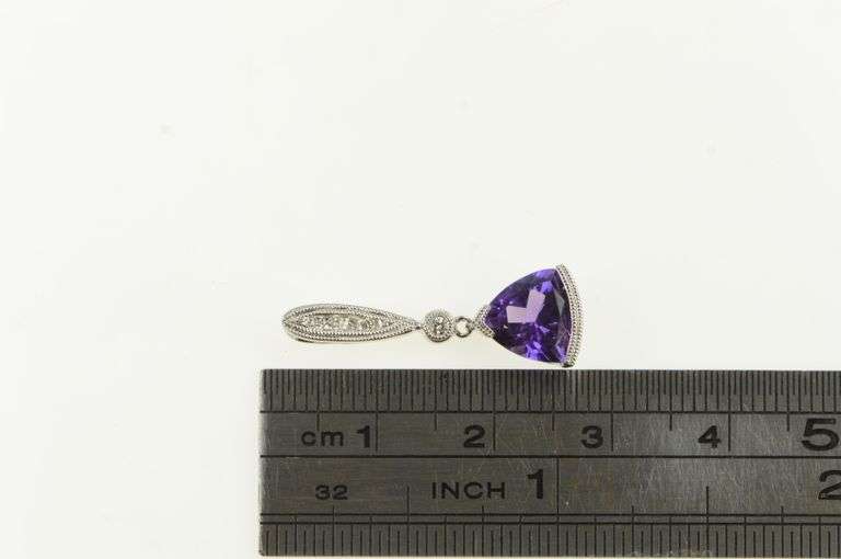 14K White Gold Trillion Amethyst Diamond Ornate Granulated Pendant