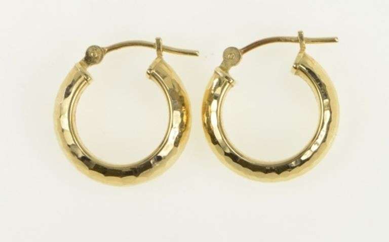 14K Yellow Gold Hammered Pattern 14.8mm Vintage Hoop Earrings