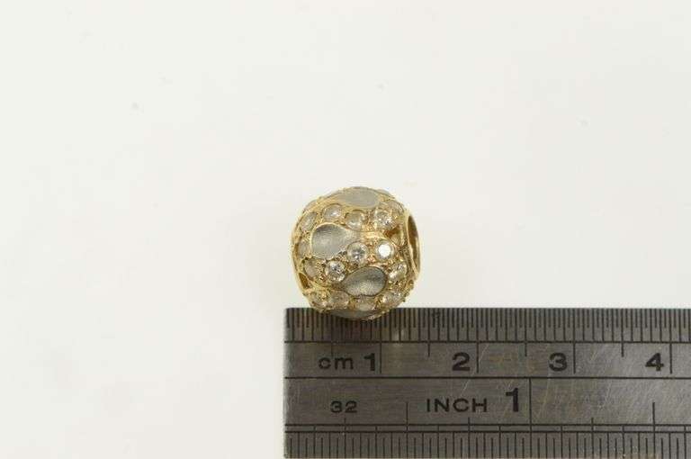 14K Yellow Gold Ornate Wavy Two Tone CZ Encrusted Bead Charm/Pendant