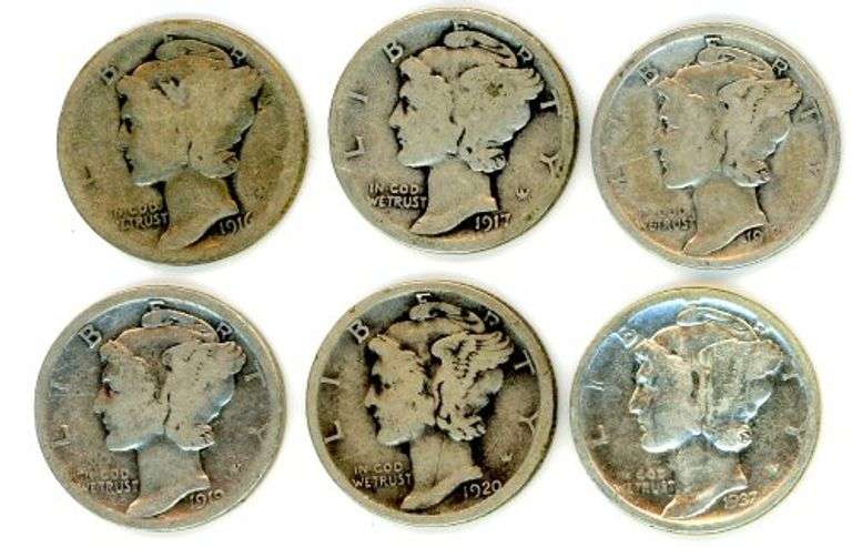 6 Different Silver Mercury Dimes