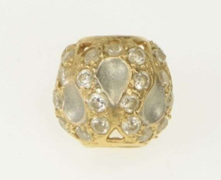 14K Yellow Gold Ornate Wavy Two Tone CZ Encrusted Bead Charm/Pendant