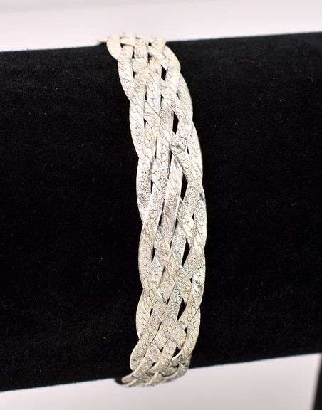 Braided Herring-Bone Chain Link Bracelet In Sterling Silver