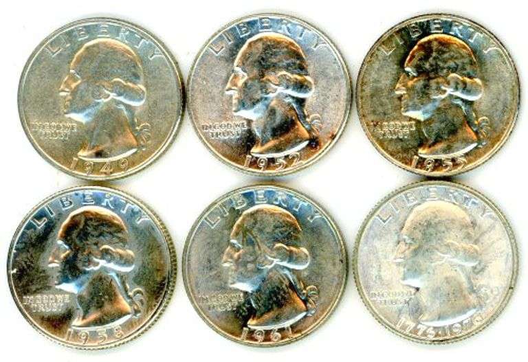 6 Different Uncirculated Silver Washington Quarters