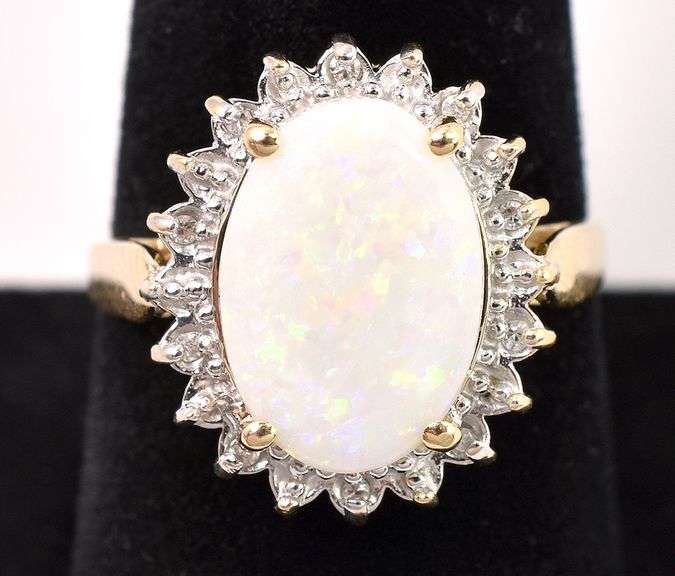 Sparkling Opal And Diamond Ring in 14K Yellow Gold