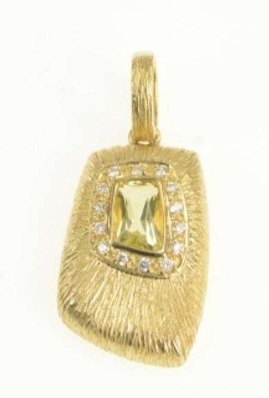14K Yellow Gold Prasiolite Diamond Textured Abstract Geometric Pendant