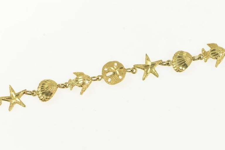 14K Yellow Gold Ornate Sea Shell Beach Ocean Motif Fish Bracelet