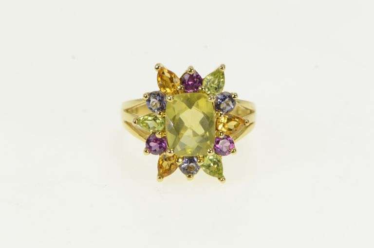 10K Yellow Gold Peridot Citrine Pink Topaz Tourmaline Cocktail Ring