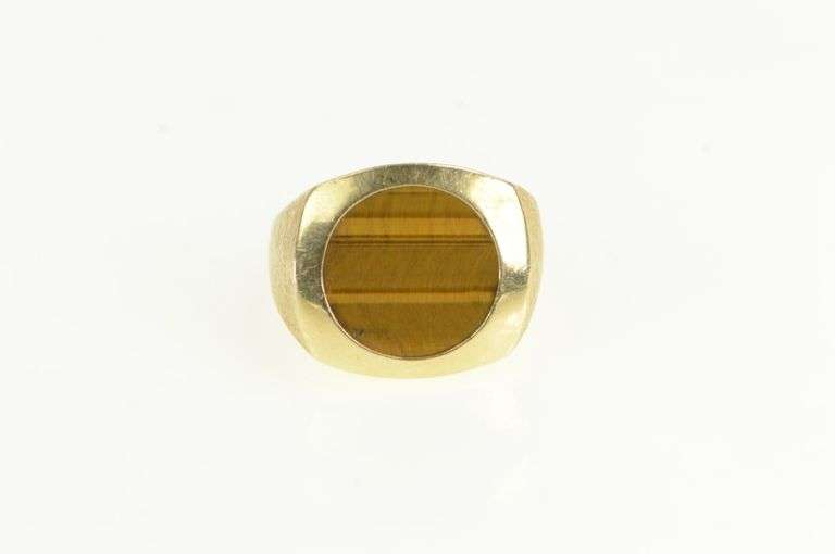 14K Yellow Gold 1960's Squared Tiger's Eye Vintage Retro Ring
