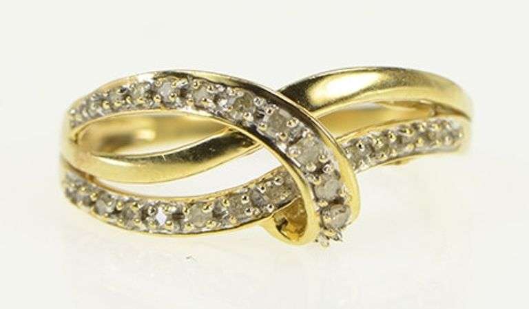 10K Yellow Gold Diamond Wavy Layered Look Statement Band Ring